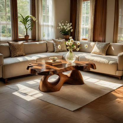 Sculptural Live Edge Natural Wood Coffee Table with Carved Base