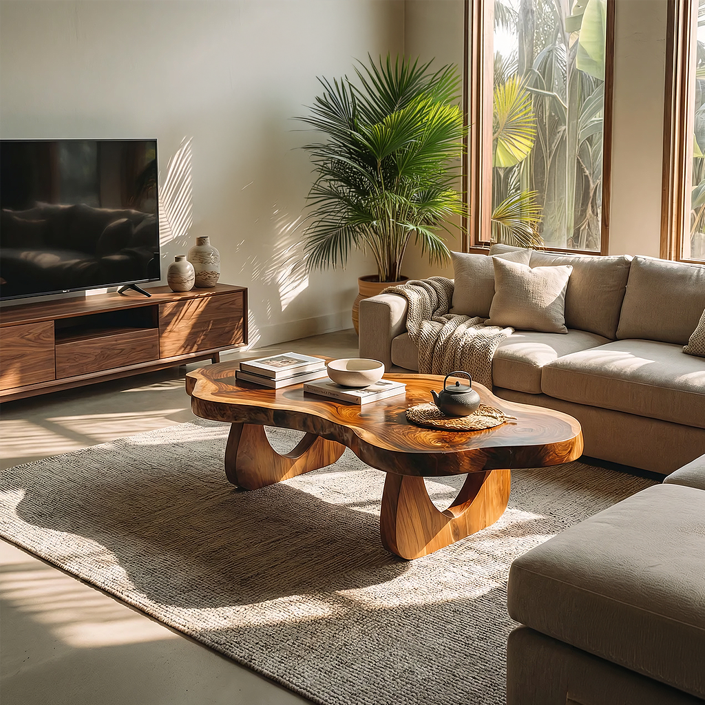 Organic Live Edge Coffee Table with Sculptural Loop Base