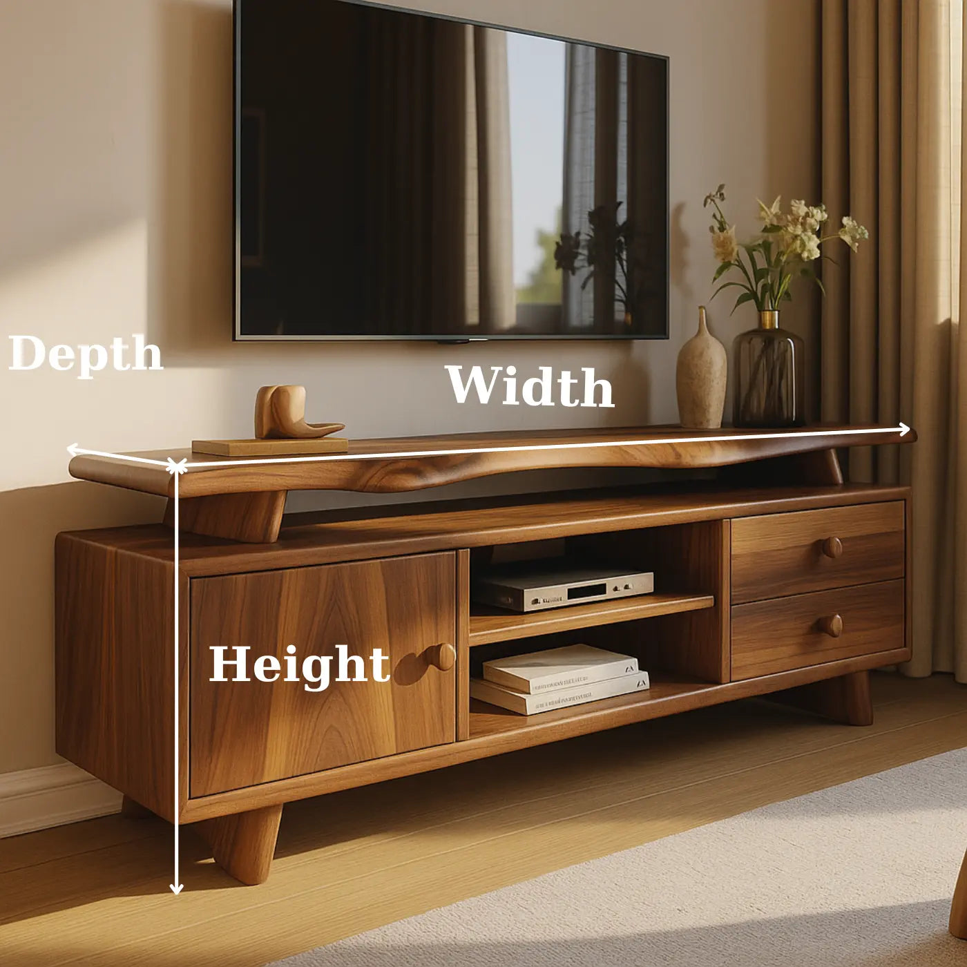 Handcrafted Solid Wood TV Stand - Sculptural Mid-Century Console with Curved Top Kitchnce