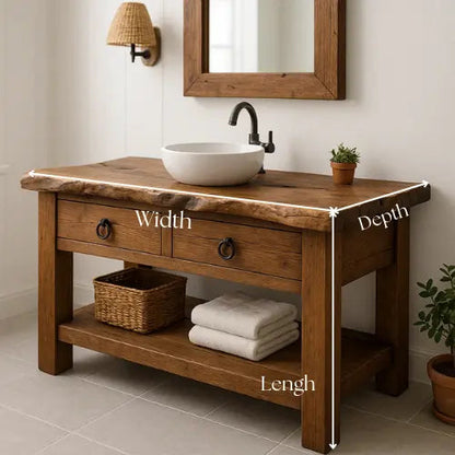 Handcrafted Live Edge Bathroom Vanity – Solid Wood Sink Console with Rustic Drawers and Open Storage Shelf Kitchnce