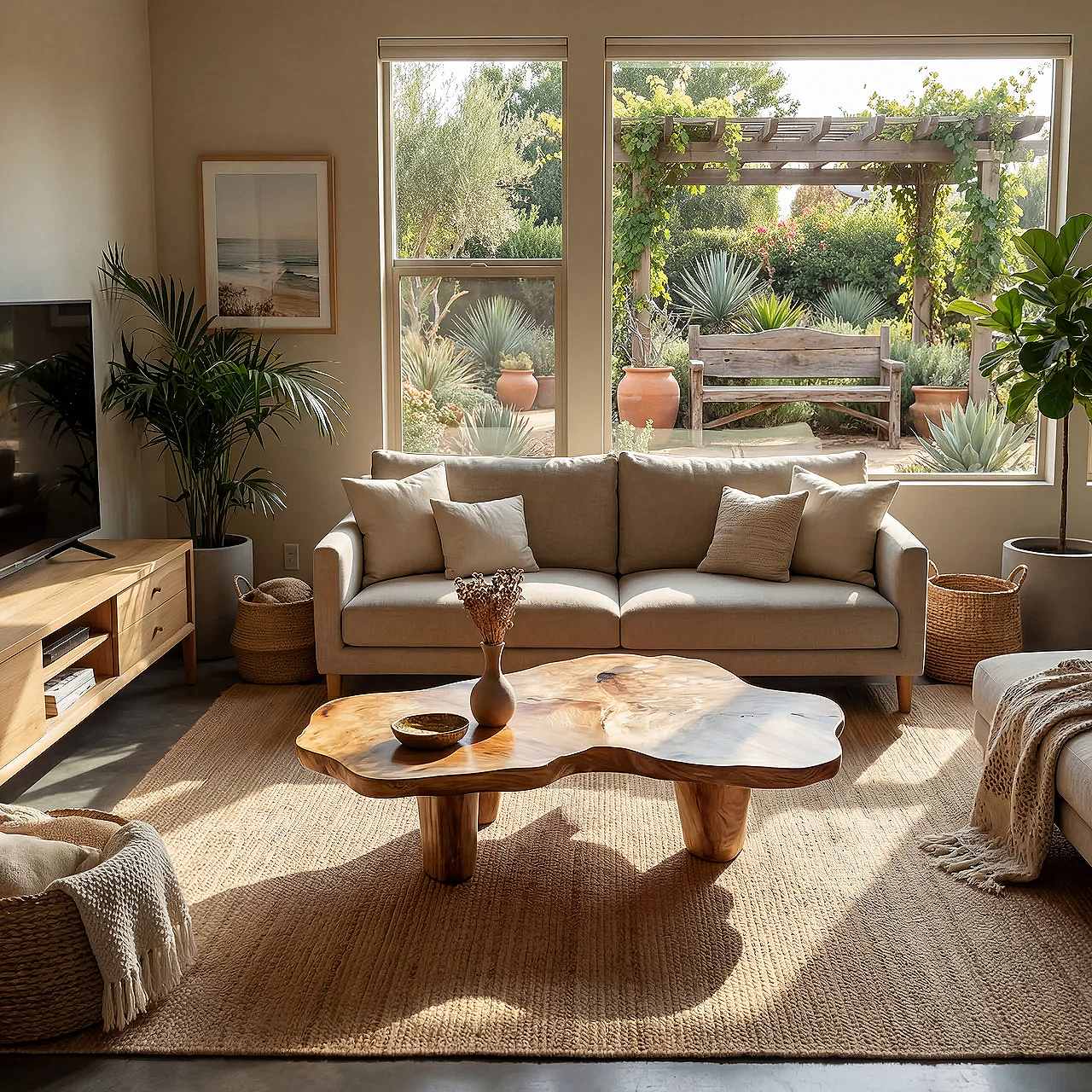 Freeform Live Edge Coffee Table with Sculptural Block Legs