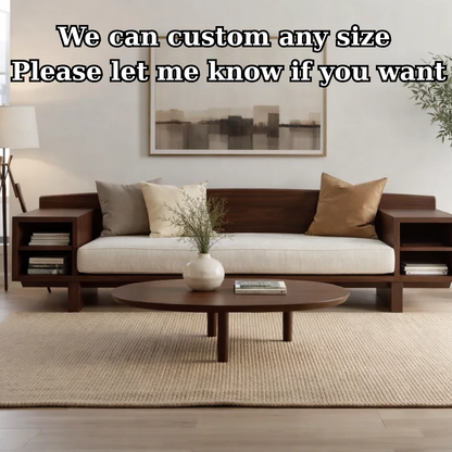 Walnut Solid Wood Sofa with Side Shelves – Modern Wooden Living Room Sofa