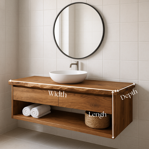 Handcrafted Floating Solid Wood Bathroom Vanity – Live Edge Countertop with Drawer and Open Shelf – Modern Organic Wall-Mount Design Kitchnce