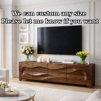 Solid Wood Sculptured Wave TV Console - Handcrafted Walnut Media Sideboard
