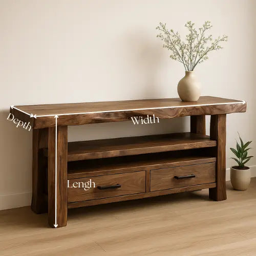 Handcrafted Solid Wood Live Edge Console Table – Rustic Walnut Design with Drawers and Open Shelf Kitchnce