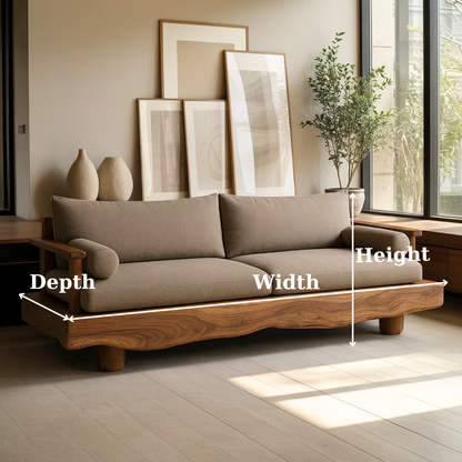 Handcrafted Solid Wood Sofa – Rustic Live Edge Wood Couch with Modern Minimalist Cushion Design Kitchnce