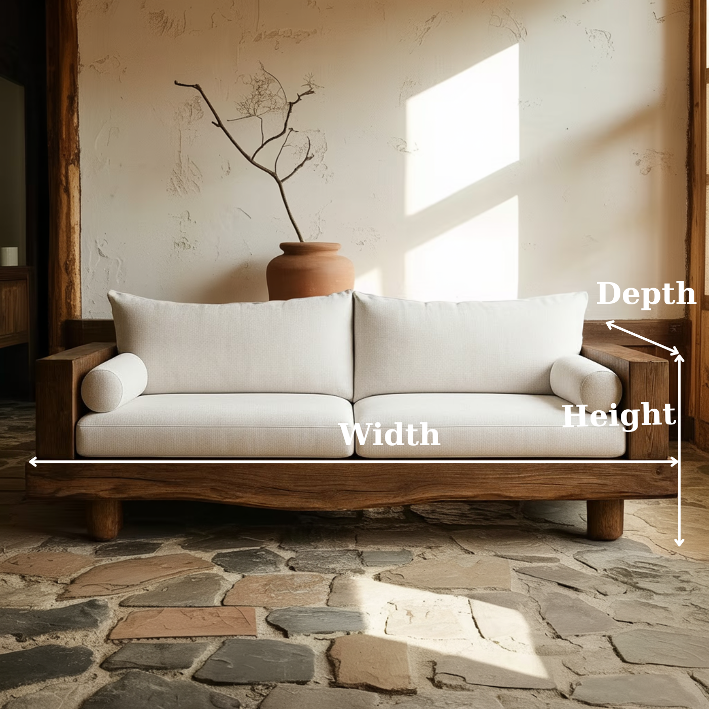 Handcrafted Solid Wood Sofa – Rustic Live Edge Wood Couch with Minimalist Linen Cushions Kitchnce