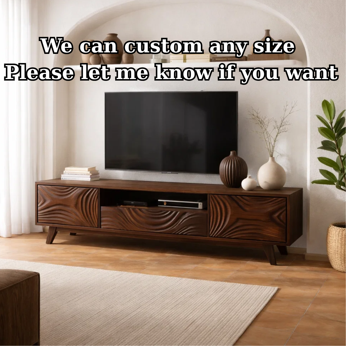 Handcrafted Solid Wood Carved TV Stand with Artistic Wave Design