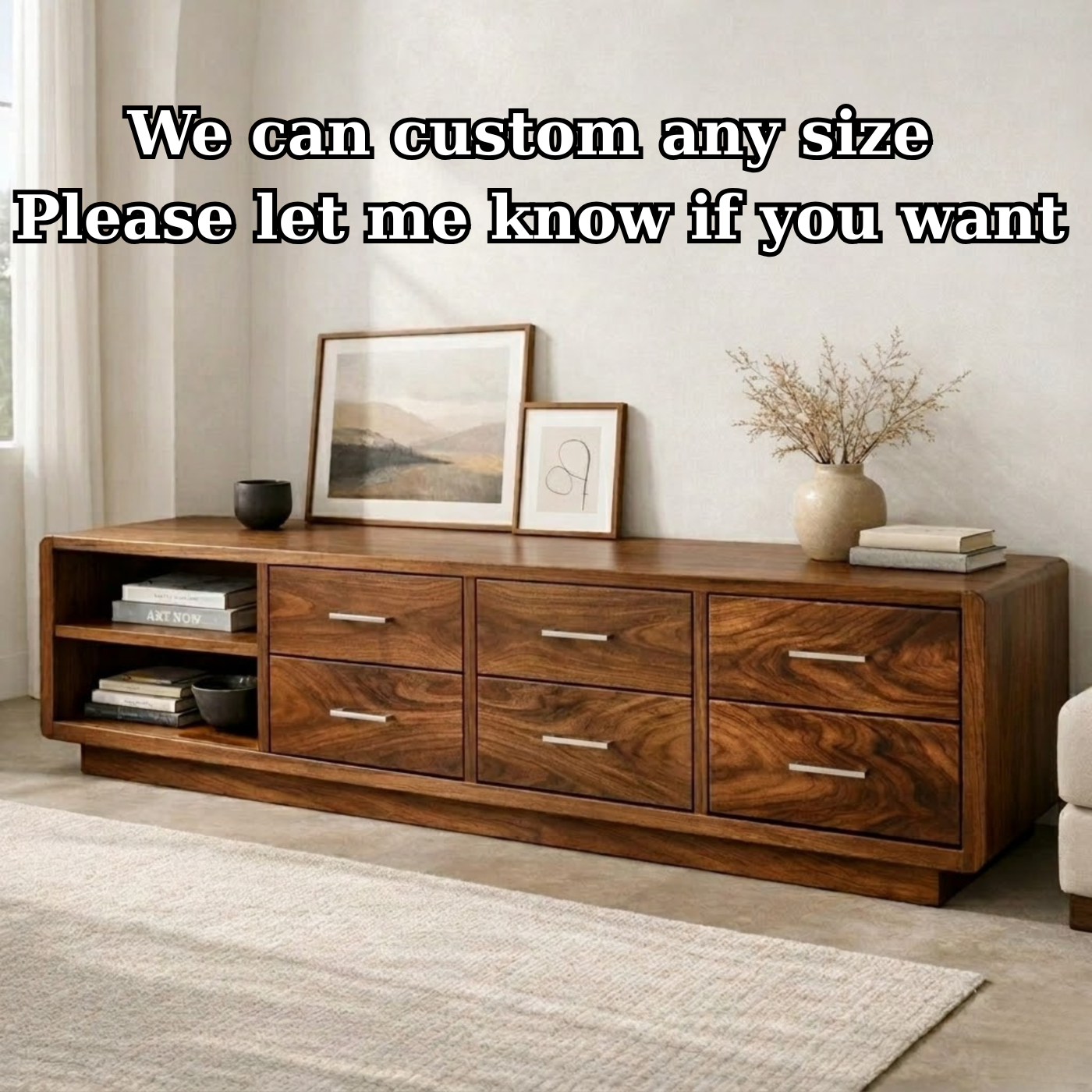 Solid Wood Modern TV Stand with Drawers and Open Shelf Storage