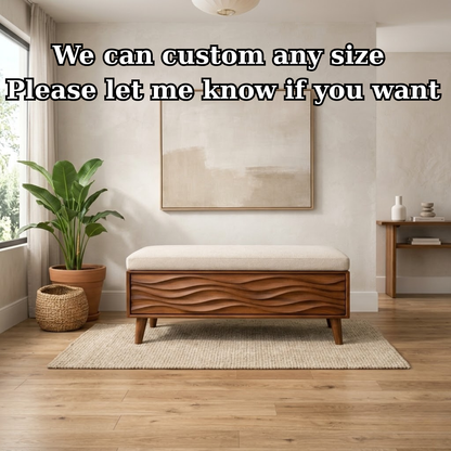 Solid Wood Storage Bench with Upholstered Seat and Wave Carved Front