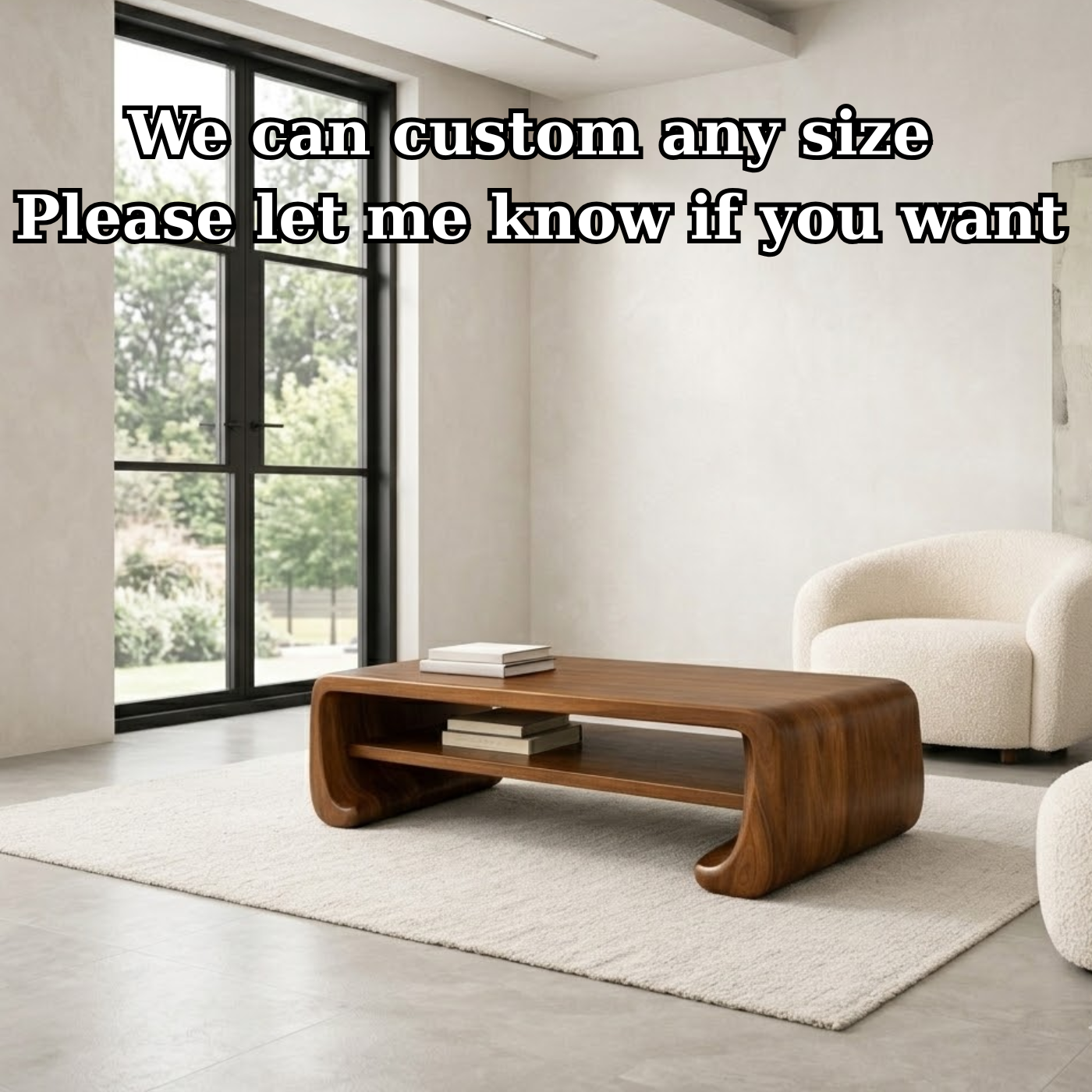 Handcrafted Solid Wood Sculptural Coffee Table with Open Shelf