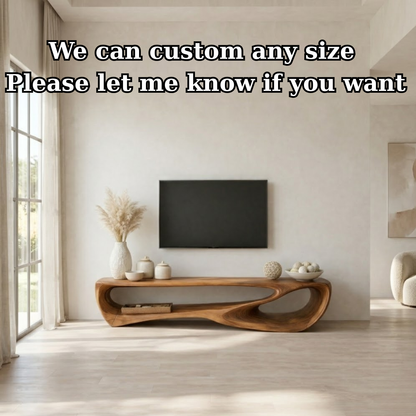 Handcrafted Solid Wood Sculptural TV Stand with Open Shelf Design