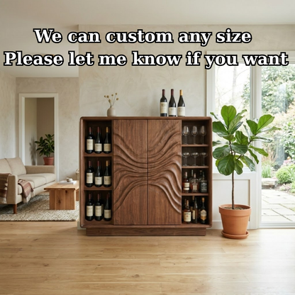 Solid Wood Wine Cabinet with Sculptural Wave Doors and Glass & Bottle Storage