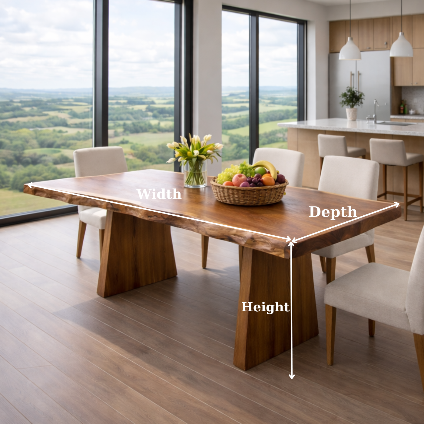 Contemporary Live Edge Solid Wood Dining Table with Architectural Base