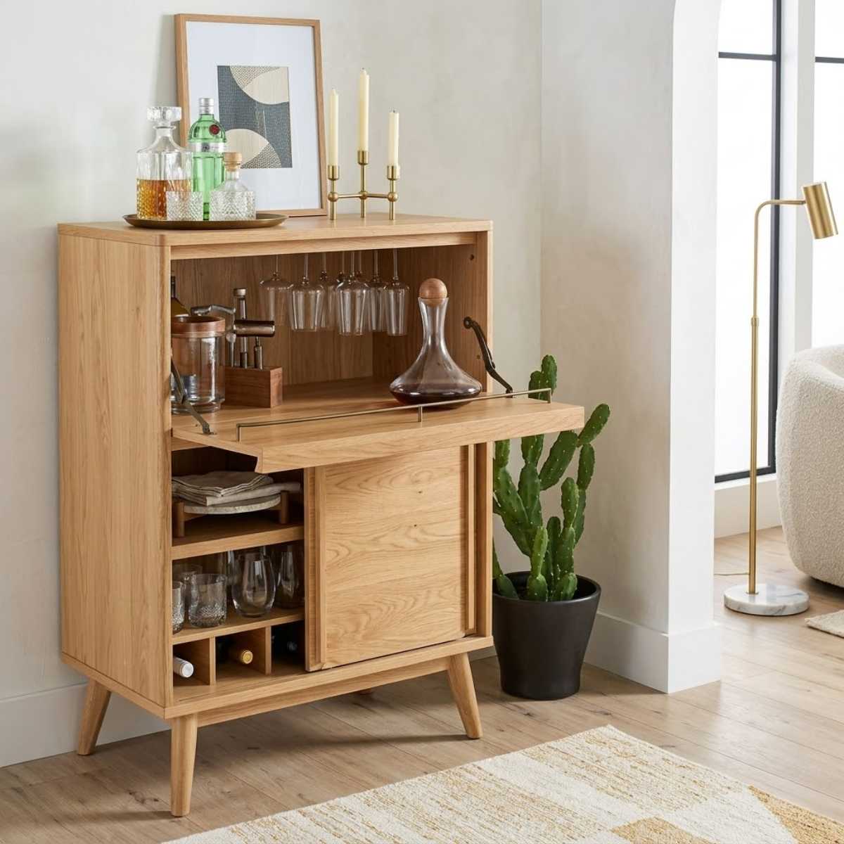 Contemporary Wooden Bar Cabinet, Entertaining Console with Glassware Storage Rack