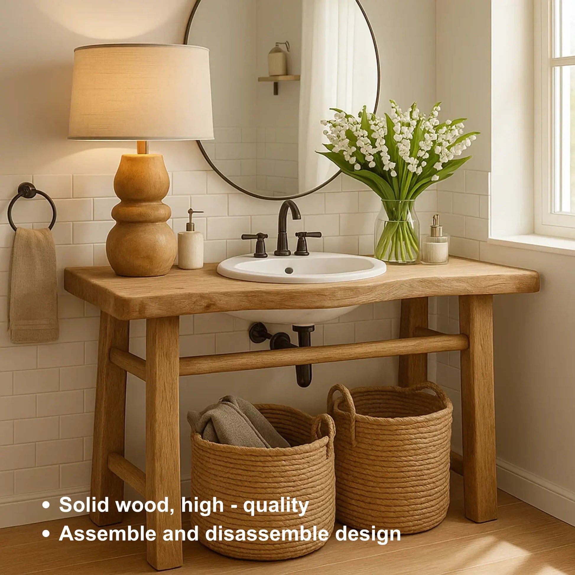 Handcrafted Solid Wood Bathroom Vanity with Minimalist Design and Natural Finish for Modern Spaces Kitchnce