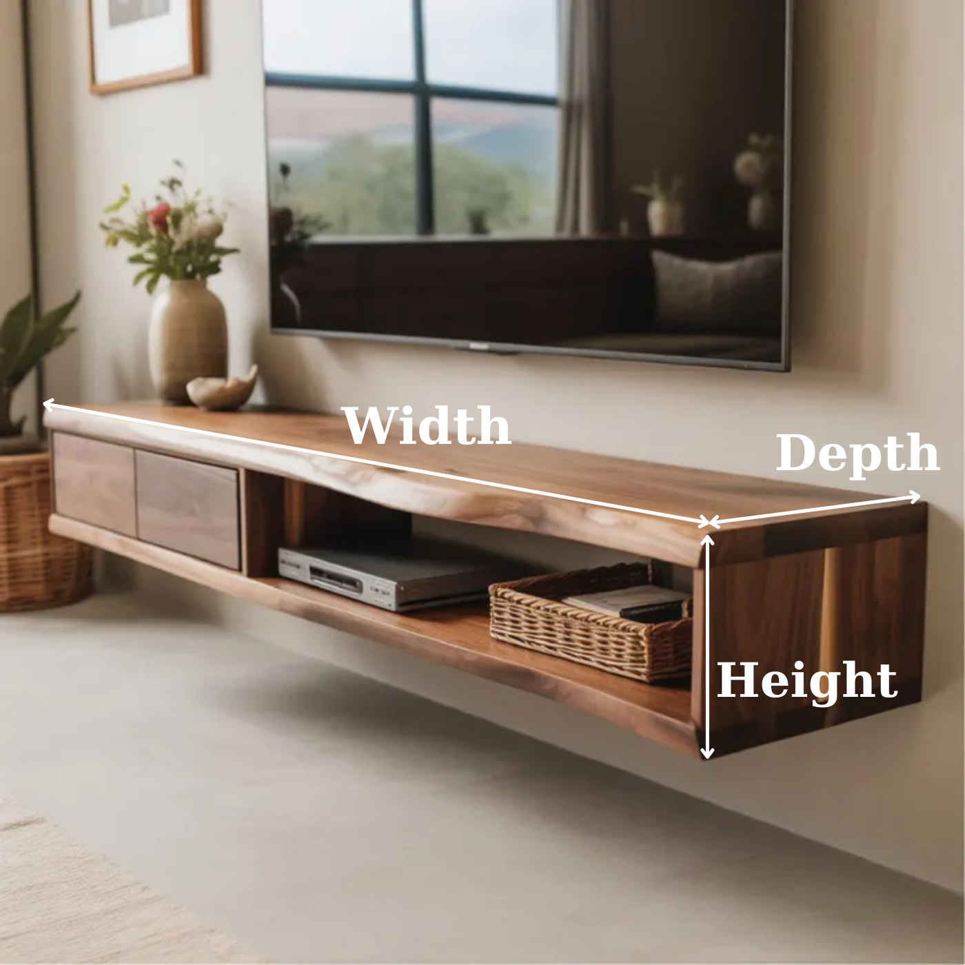 Handcrafted Solid Wood Floating TV Stand, Live Edge Media Console, Wall-Mounted Kitchnce