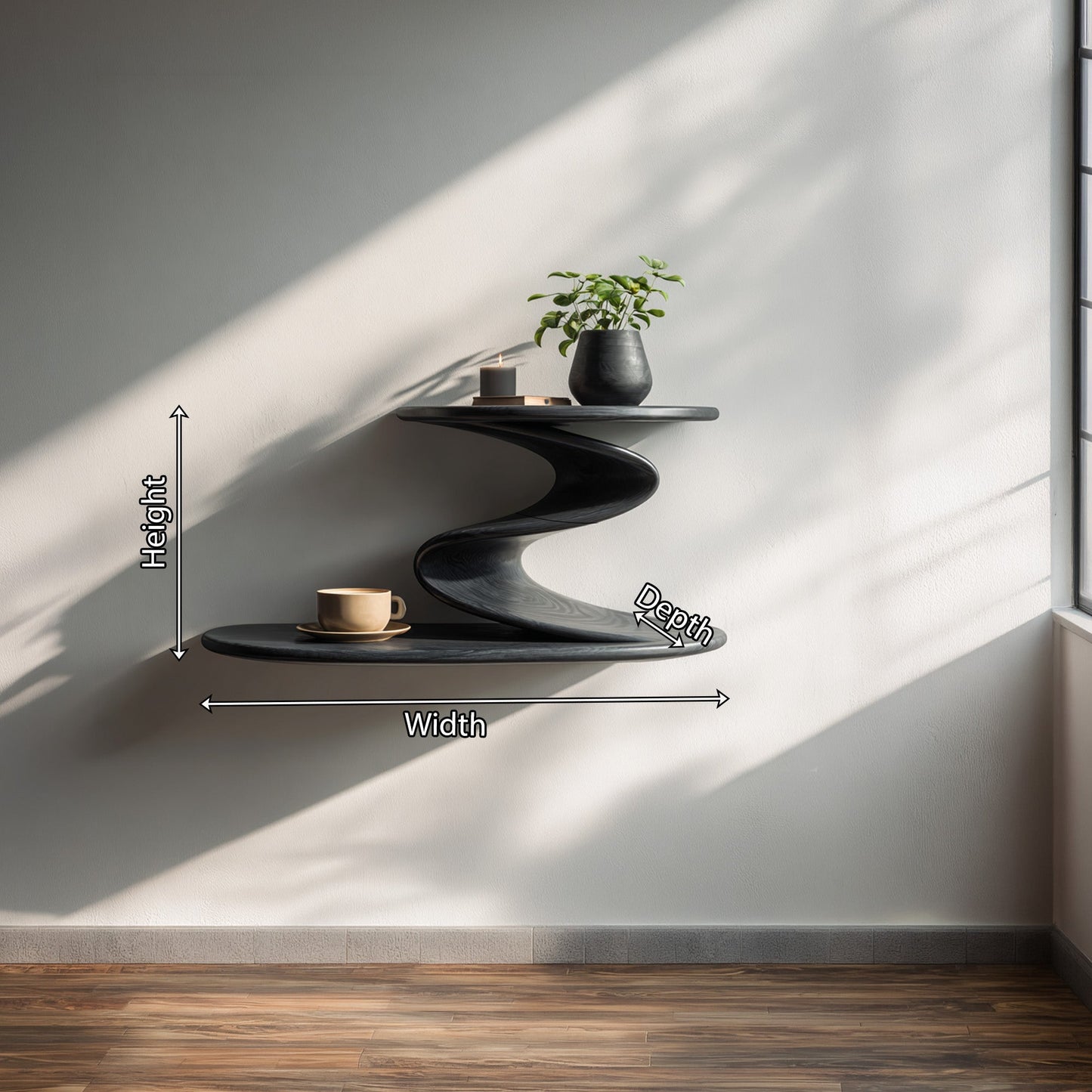 S-Shaped Sculptural Floating Wall Shelf with Dual Levels