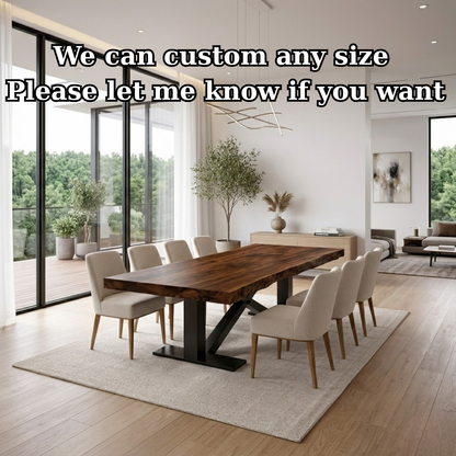 Handcrafted Solid Wood Dining Table with Live Edge Top and Modern Metal Base