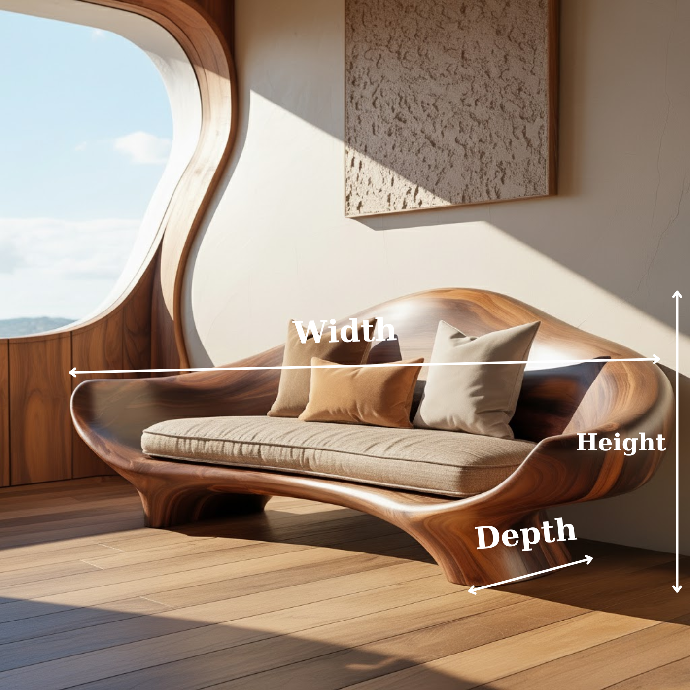 Handcrafted Solid Wood Sofa – Sculptural Organic Wood Couch with Smooth Curves and Linen Cushion Kitchnce
