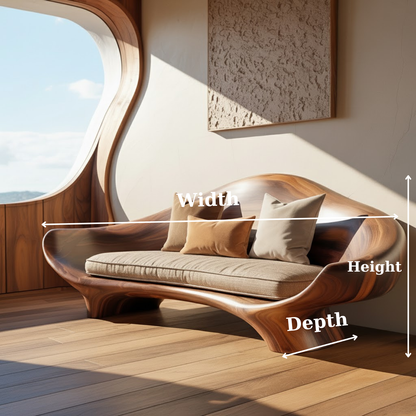 Handcrafted Solid Wood Sofa – Sculptural Organic Wood Couch with Smooth Curves and Linen Cushion Kitchnce