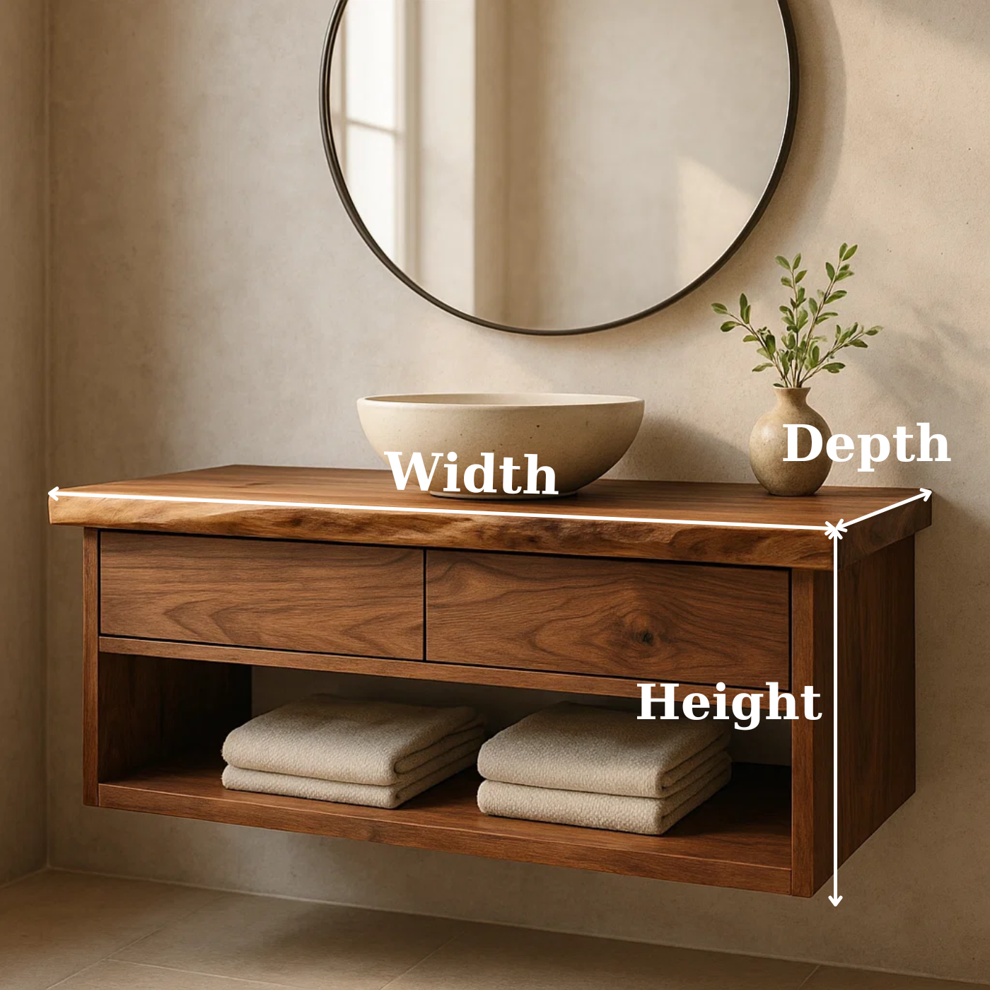 Modern Solid Wood Floating Bathroom Vanity with Live Edge Countertop and Open Shelf Storage