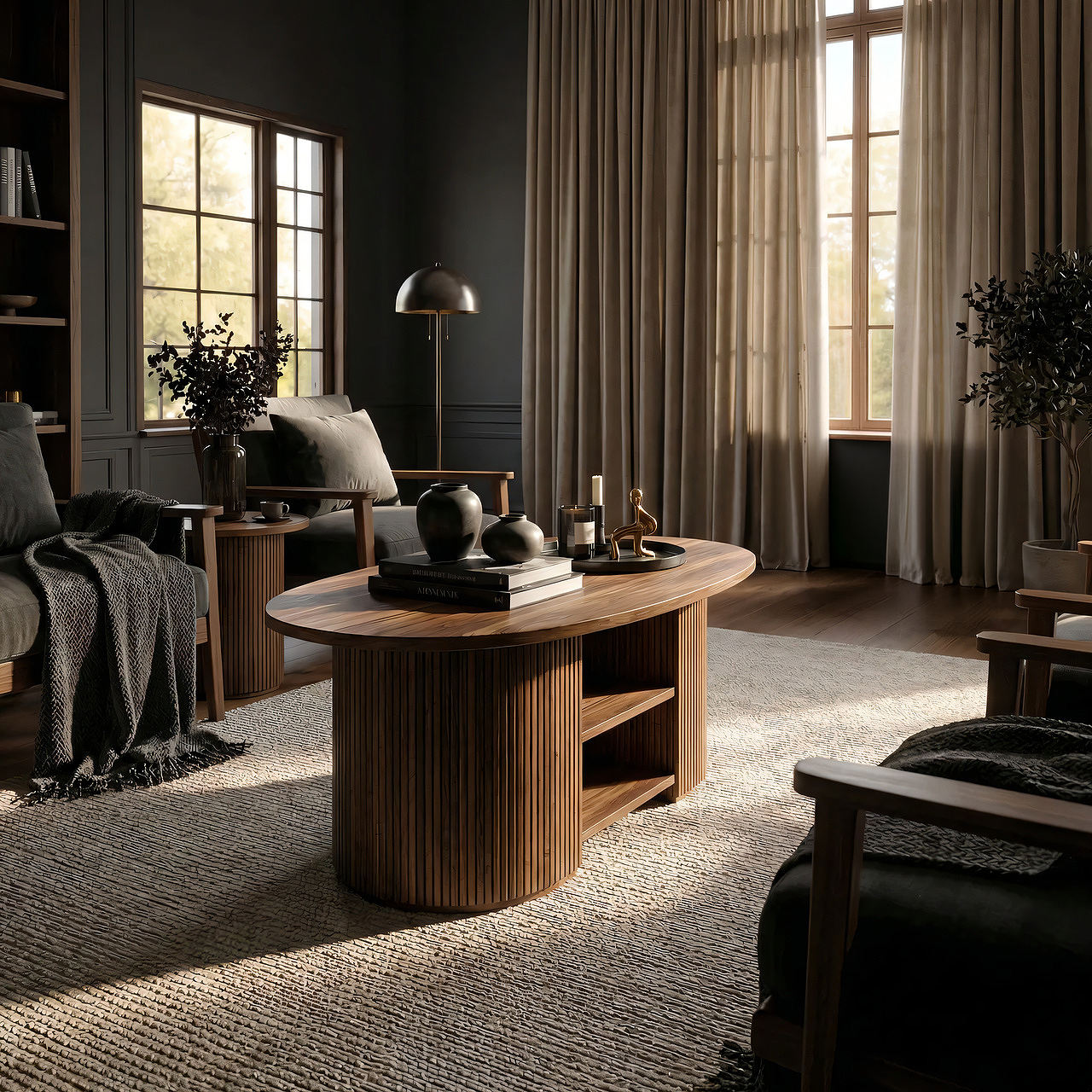 Oval Coffee Table with Fluted Base and Dual Shelf Storage