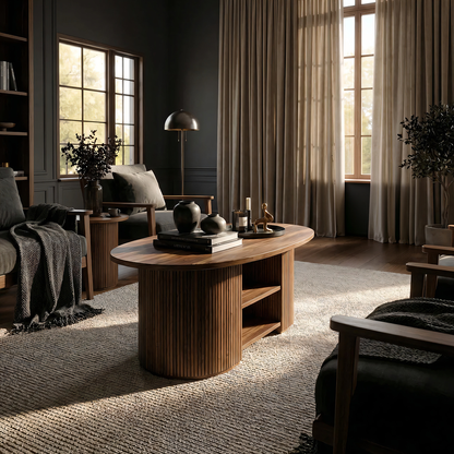 Oval Coffee Table with Fluted Base and Dual Shelf Storage
