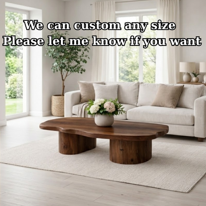 Solid Wood Coffee Table with Organic Shape & Dual Pedestal Base – Modern Rustic Design