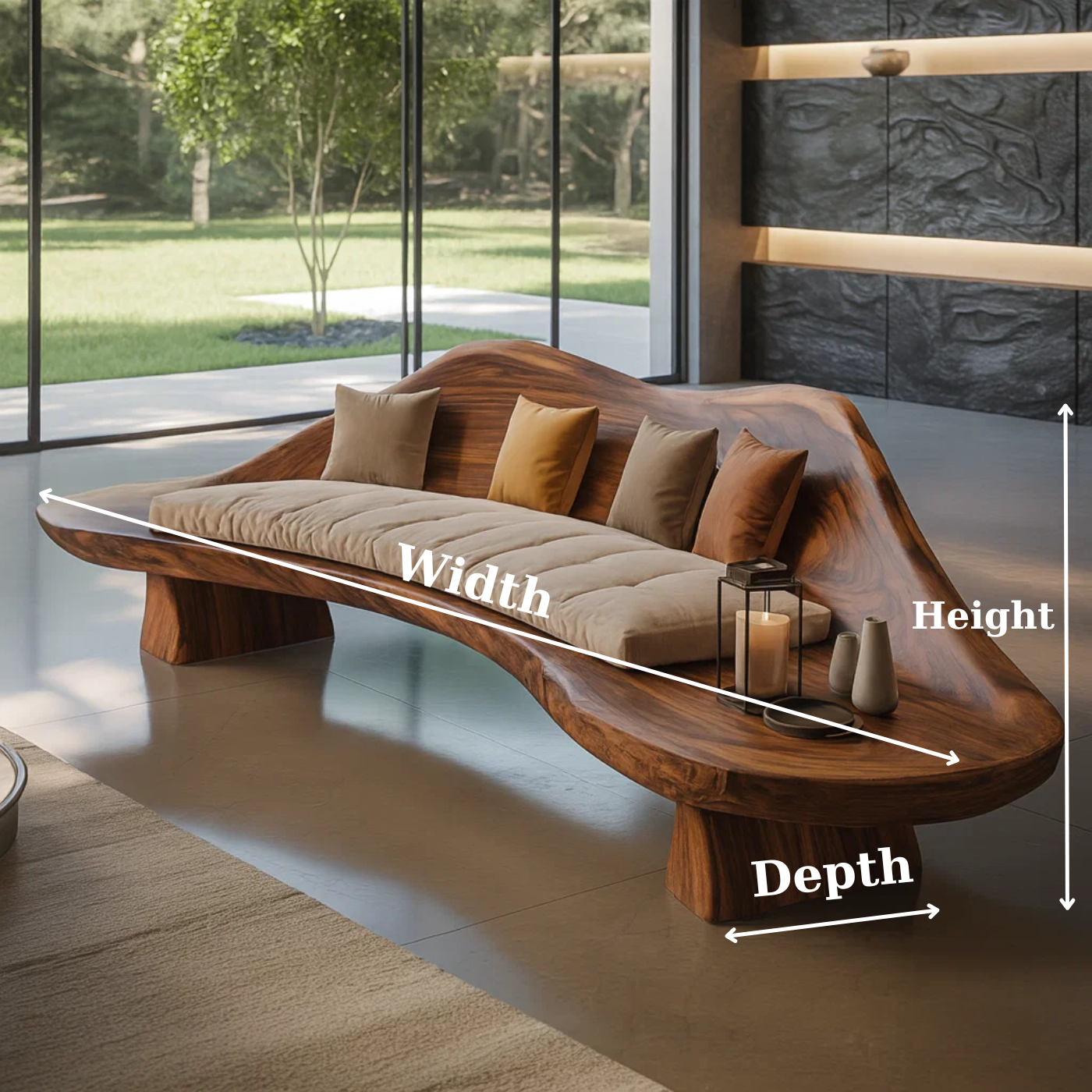 Handcrafted Solid Wood Sofa – Sculptural Wave-Form Wood Couch with Organic Curves and Cushion Seat Kitchnce