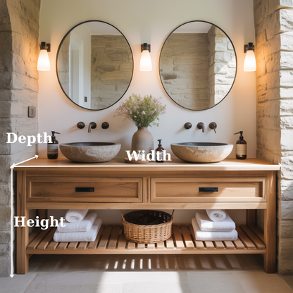 Rustic Solid Wood Double Bathroom Vanity with Open Slatted Shelf