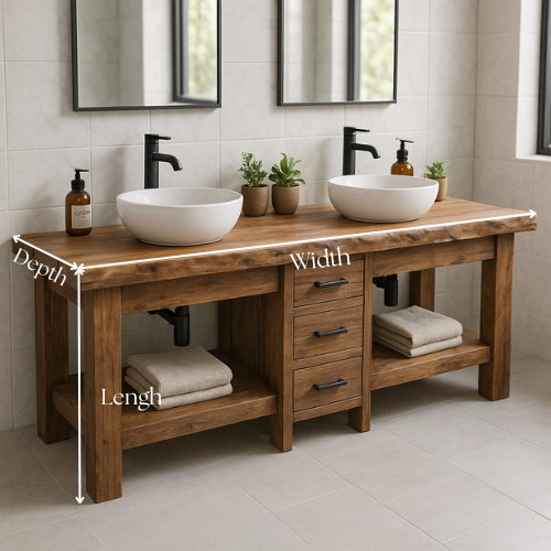 Handcrafted Solid Wood Double Bathroom Vanity – Live Edge Top with 3 Drawers & Open Shelves Kitchnce