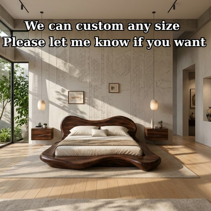 Handcrafted Solid Wood Sculptural Platform Bed, Organic Wavy Design Luxury Bed Frame