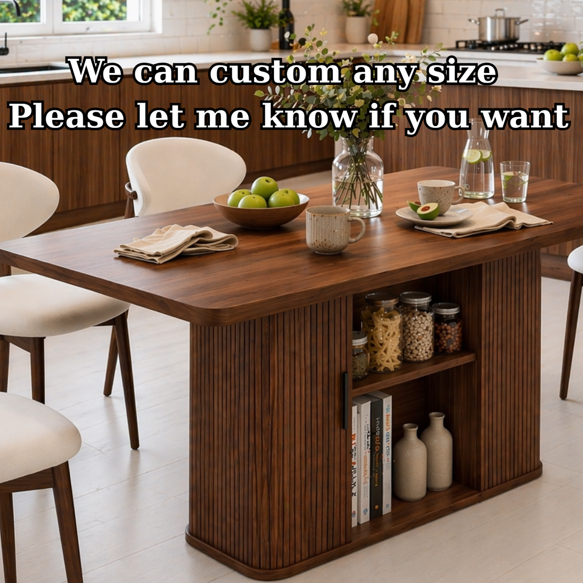 Solid Wood Dining Table with Storage – Walnut Kitchen Table with Fluted Base