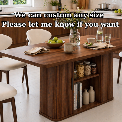 Solid Wood Dining Table with Storage – Walnut Kitchen Table with Fluted Base