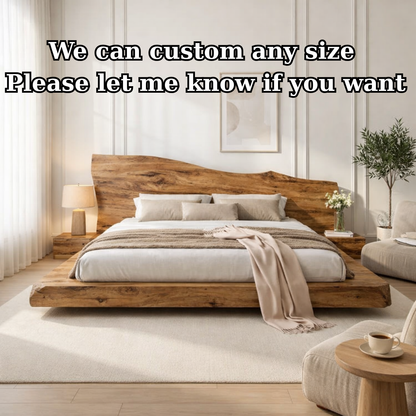 Solid Wood Platform Bed with Live Edge Headboard – Rustic Natural Wood Bed Frame, Modern Minimalist Bedroom Furniture