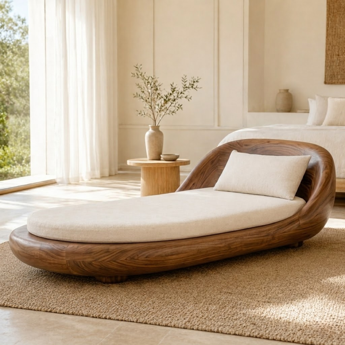 Modern Curved Chaise Lounge Sculptural Daybed with Cushion for Bedroom Decor