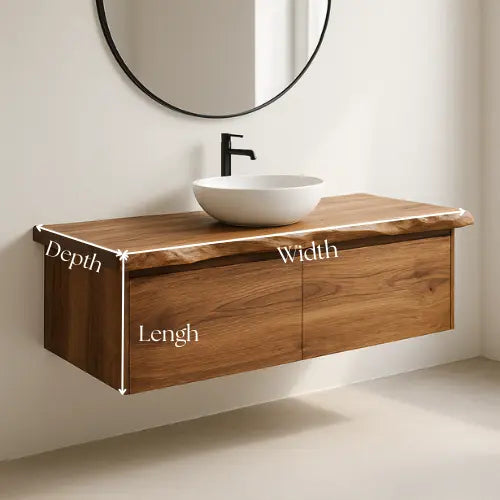 Handcrafted Floating Solid Wood Bathroom Vanity – Live Edge Countertop with Hidden Drawers – Modern Rustic Wall-Mount Design Kitchnce
