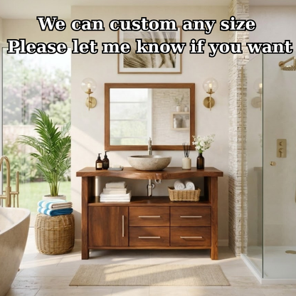 Live Edge Solid Wood Bathroom Vanity with Single Cabinet Door, Four Drawers and Open Shelf for Modern Farmhouse