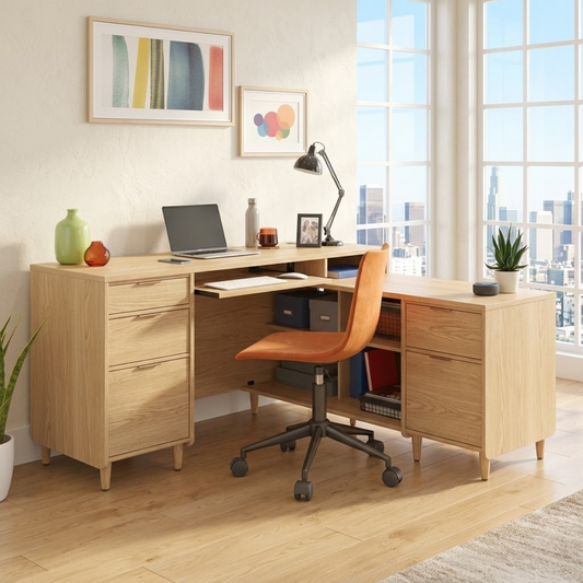 Modern L Shaped Executive Desk with Drawers, Corner Home Office Writing Table