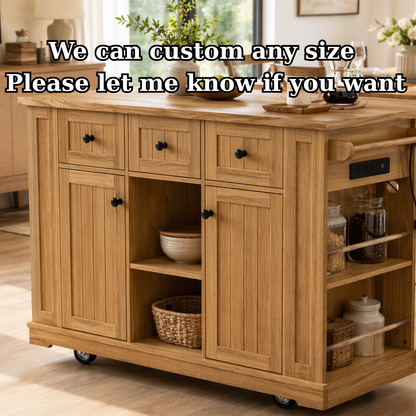 Solid Wood Kitchen Island with Storage & Power Outlet – Oak Rolling Kitchen Cart with Drawers, Cabinets & Shelves