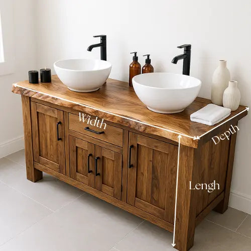 Handcrafted Solid Wood Double Sink Bathroom Vanity – Rustic Live Edge Countertop with Cabinets & Center Drawer – Farmhouse Natural Finish Kitchnce