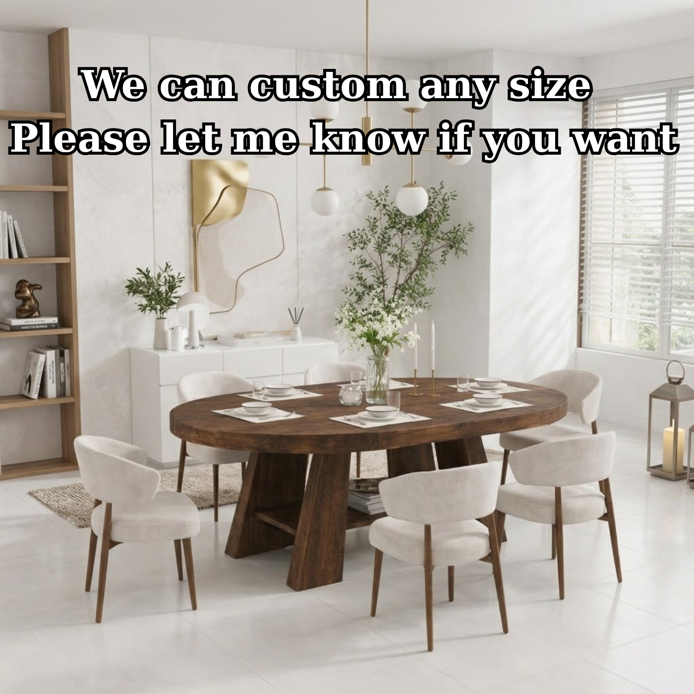 Oval Live Edge Solid Wood Dining Table – Dark Walnut Pedestal Table with Storage Shelf