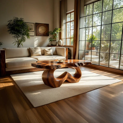 Live Edge Natural Wood Coffee Table with Sculpted Open-Form Base