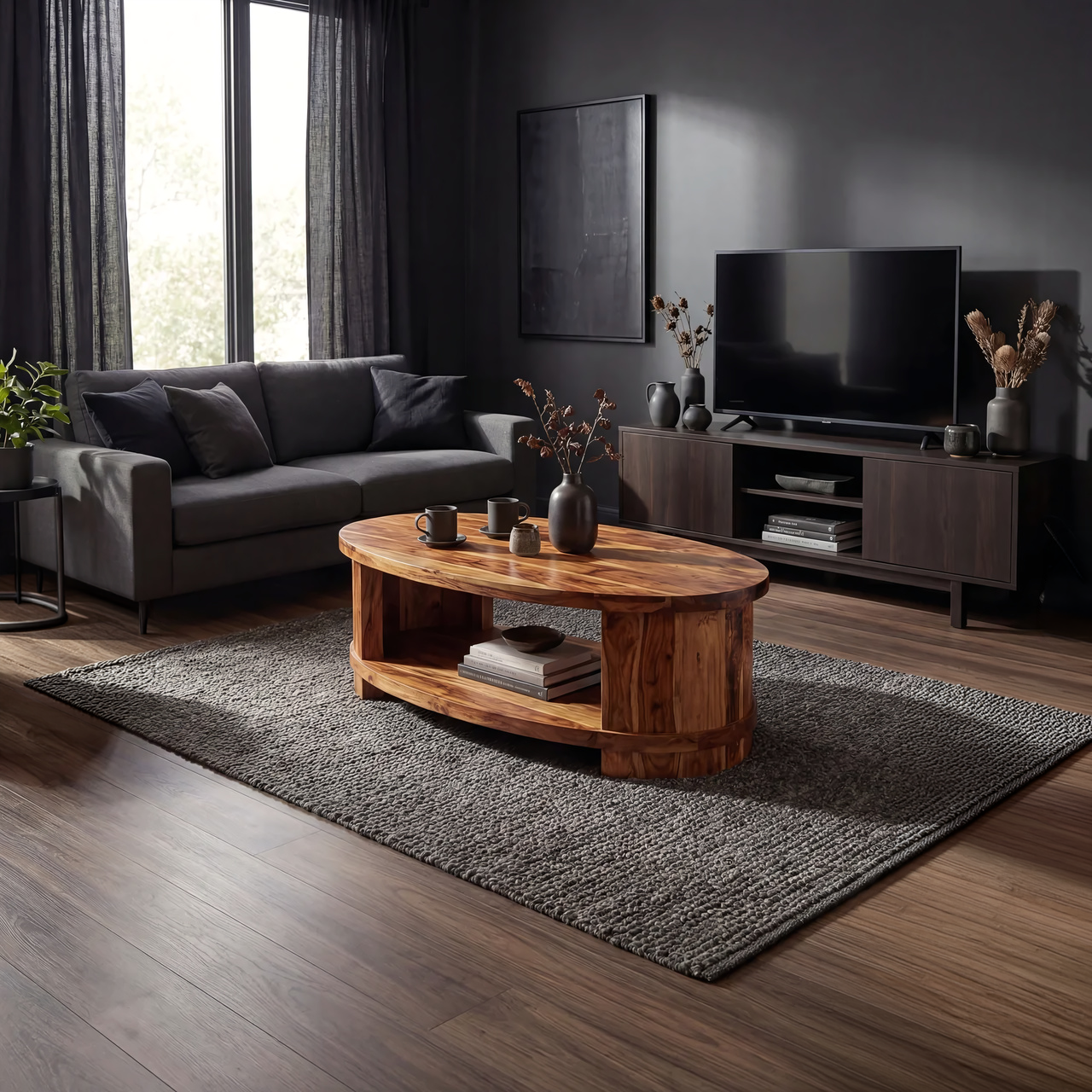 Oval Coffee Table with Curved Frame and Open Storage Shelf
