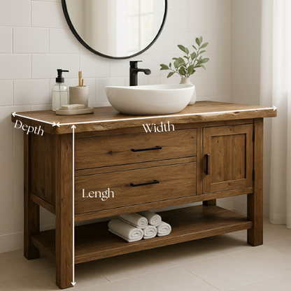 Handcrafted Solid Wood Bathroom Vanity with Live Edge Countertop and Open Shelf Kitchnce