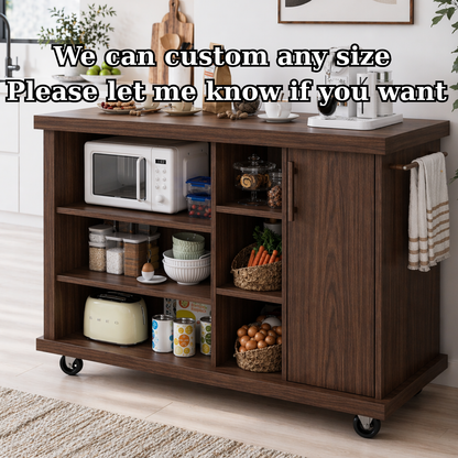 Rolling Kitchen Island with Open Storage & Cabinet – Walnut Microwave Cart with Shelves and Towel Bar