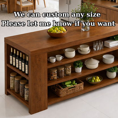 Solid Wood Kitchen Island with Open Shelves – Storage Prep Table
