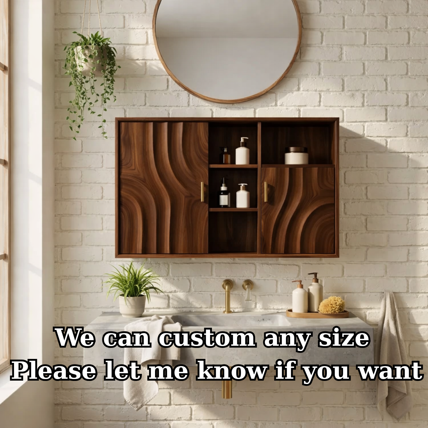 Solid Wood Floating Bathroom Cabinet with Wave Doors & Open Shelving