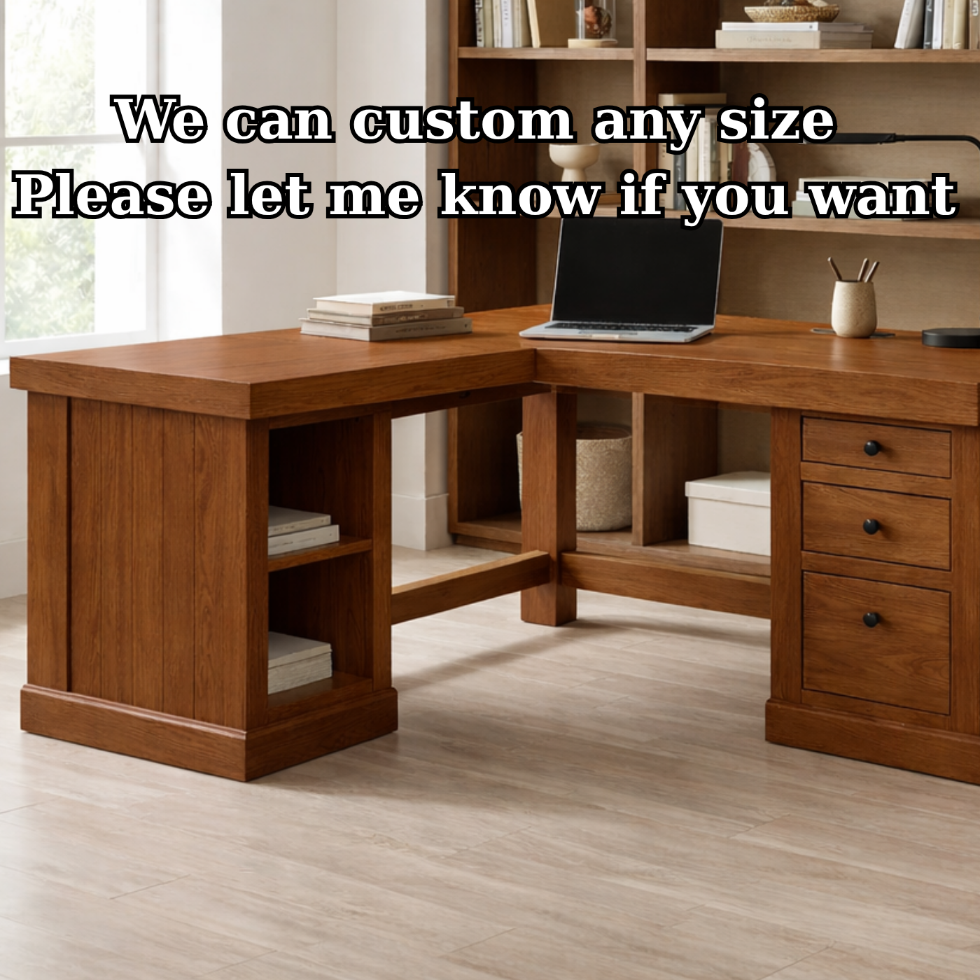 Solid Wood L Shaped Office Desk with 3 Drawers and Open Side Shelves, Modern Wooden Corner Desk